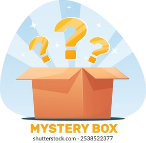 Caja mágica de misterio místico, caja de cartón con contenido desconocido, set de regalo con sorpresa. Ilustración vectorial de stock