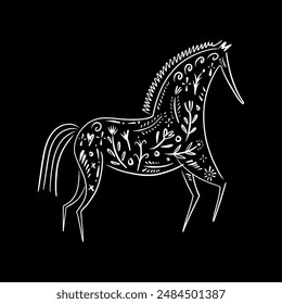 Mystical mythology patterned horse, set of vector ornate design elements. Abstract decor apparel branding in hand-drawn folk rustic patterned minimal style, good for hand crafted local brand products