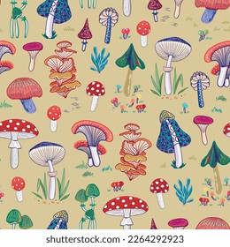 Mystical nature forest mushrooms vector seamess pattern.