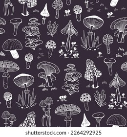 Mystical nature forest mushrooms vector seamess pattern.