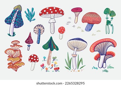 Mystical nature forest mushrooms vector illustrations set.
