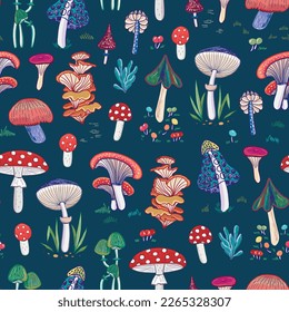 Mystical nature forest mushrooms vector seamess pattern.