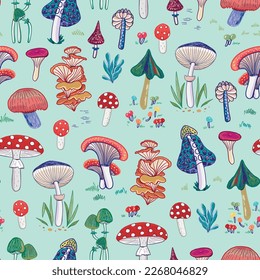 Mystical nature forest mushrooms vector seamess pattern.