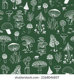 Mystical nature forest mushrooms vector seamess pattern.