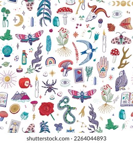 Mystische Natur, Objekte, Tiere Vektor nahtlose Muster.