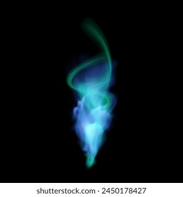 Mystical neon color vector illustration featuring a blue-green magic smog trail. Cosmic flow design on isolated black background for gaming visual effects.