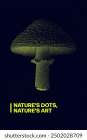 Mystical Neon Magic Mushroom Fly Agaric. Vector banner with trendy halftone elements. Vintage design for for postcard, poster, invitation.