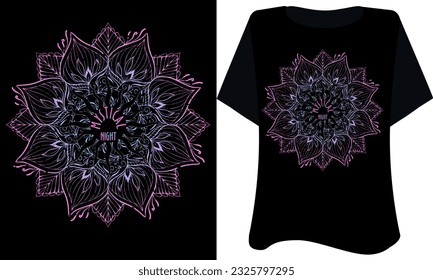 Mystical night abstract mandala and moon vector design on black background  vibrant color for t shirts, poster, card, notebook cover vintage st