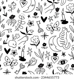 Mystical night floral pattern design. Seamless background with vintage magic things. Night butterfly and moon cat seamless texture. Esoteric print design in line hand-drawn style.