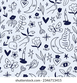 Mystical night floral pattern design. Seamless background with vintage magic things. Night butterfly and moon cat seamless texture. Esoteric print design in line hand-drawn style.