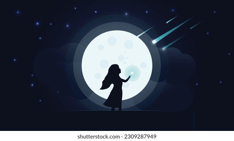 Mystical Night: Girl's Silhouette against a White Moon and Starry Sky with Falling Stars - Perfect for Posters and Greeting Cards.