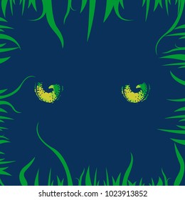 Mystical, night illustration with a magic cat eyes and grass on a blue background. Creative design in horror, fantasy, darkness, Halloween style