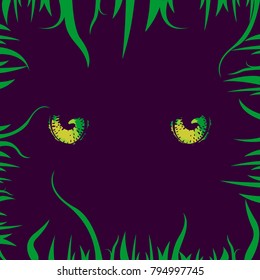 Mystical, night illustration with a magic cat eyes and grass on a violet background. Creative design in horror, darkness, Halloween style
