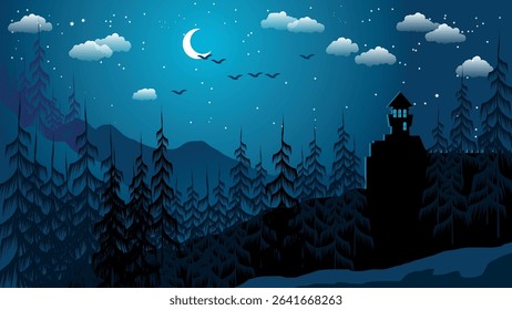 Mystical night landscape with a castle on a forest hill. An ancient castle among a coniferous forest against the backdrop of mountains, a night sky with the moon, stars, clouds, flying birds. Vector.