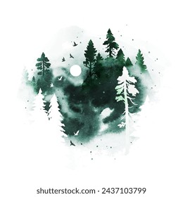 Mystical night landscape with coniferous forest. Watercolor vector hand drawn illustration with mountains, fog, birds, trees and moon. All elements, textures are individual objects