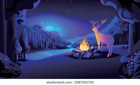 A mystical night scene featuring a deer by a campfire, with a starry sky and a crescent moon over a serene forest landscape.