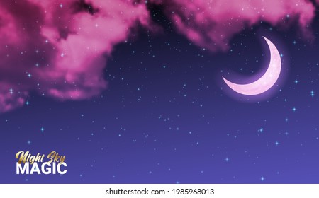 Mystical night sky background with crescent moon, Pinc clouds and stars. Vector illustration. Moonlit evening.