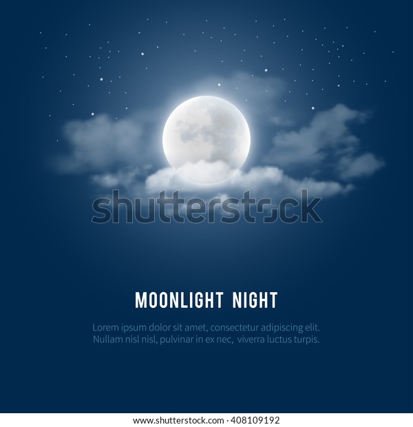 神秘的夜空背景与满月 云彩和星星 月光之夜矢量插图 库存矢量图 免版税