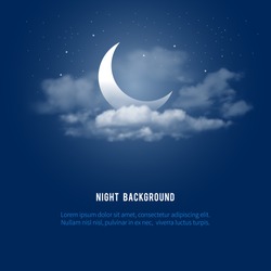 Мистический фон ночного неба с полумесяцем, облаками и звездами. Лунная ночь. Векторная иллюстрация.