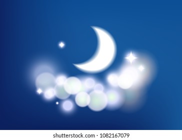 Mystical Night sky background with half moon, clouds and stars. Moonlight night. crescent moon. greeting for Ramadan kareem. Vector illustration