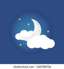 Mystical Night sky background with half moon, clouds and stars. Moonlight night