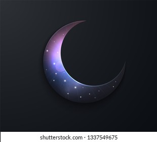 Mystical Night sky background with half moon. Moonlight night. paper graphic of islamic crescent moon. Islamic decoration. Ramadan Kareem. Crescent moon, starry sky.