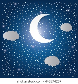 Mystical Night sky background with half moon, clouds and stars. Moonlight night. Vector illustration.