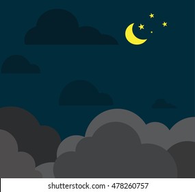 Mystical Night sky background with half moon, clouds and stars. Moonlight night. Vector illustration.
