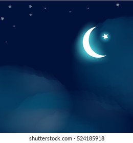 Mystical Night sky background with half moon, Vector illustration.