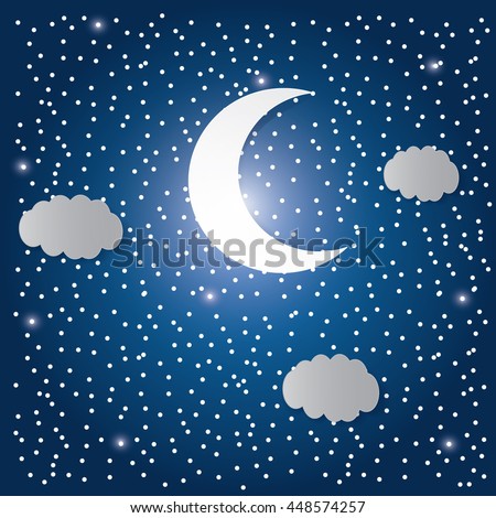 Mystical Night sky background with half moon, clouds and stars. Moonlight night. Vector illustration.