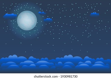 Mystical night sky background with moon, clouds and stars. Moonlight night. Stylized halloween night sky. Weather forecast   banner with copy space. Beautiful sky panorama. Stock vector illustration