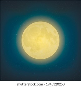 Mystical Night sky background with Realistic full moon and stars. Moonlight night Detailed vector illustration. Background galaxies. Vector illustration for card, poster, invitation, web design.