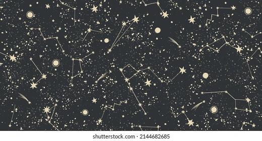 Mystical night sky with constellations seamless pattern. Mystical esoteric black boho background for fabric design, tarot, astrology, wrapping paper. Vector illustration.