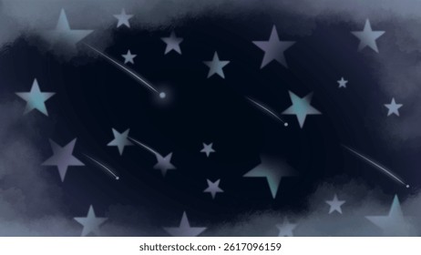 Mystical night sky with glowing stars and soft shooting stars floating among fluffy clouds. A magical celestial background perfect for dream-themed prints, decor, and kids’ illustrations.
