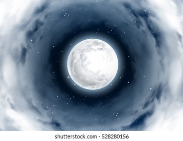 Mystical Night sky. Vortex of Clouds Around the Full Moon. Moonlight night. Realistic clouds. Shining Stars on dark blue sky. Vector illustration background.