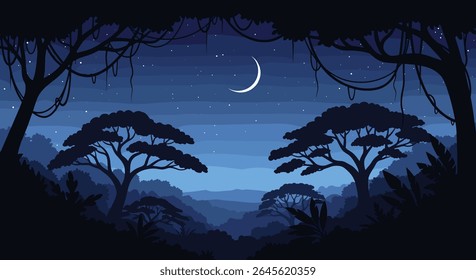 Mystical night in a vibrant jungle under a crescent moon