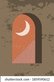 Mystical night window. Minimalist geometric wall art. Abstract landscape for boho aesthetic interior. Home decor wall print. Brown, terracotta colors with mustard hues. Contemporary printable vector