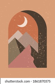 Mystical night window. Minimalist geometric wall art. Abstract landscape for boho aesthetic interior. Home decor wall print. Brown, terracotta colors with mustard hues. Contemporary printable vector