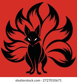 "Mystical Nine-Tailed Fox Silhouette Vetor" (em inglês). Ilustração do Espírito Kitsune Japonês, Arte da Criatura da Fantasia Mítica para Logotipo, Tatuagem, Impressão e Design Gráfico