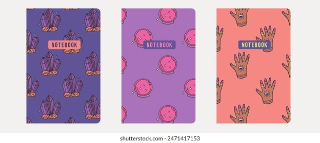 Mystical notebook cover collection - seamless magic pattern concept. Crystal ball, crystal and hand. planner, diary, cover. eps 10 vector