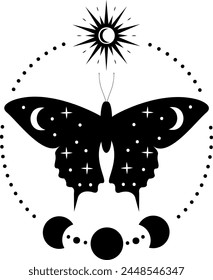 Mystical Occult Moth Silhouette with Stars, Moon, Sun, Planets. Western Esotericism. Tarot Card Back Design. Celestial Elements. Witchy Alchemy Wall Art Decor. Butterfly Design