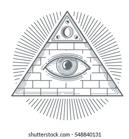 Mystical occult sign with freemasonry eye symbol vector illustration.