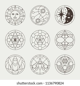 Mystical occult tattoos, witchcraft circles, sacred signs, elements and symbols. Vector geometric magic icons set isolated on white background.