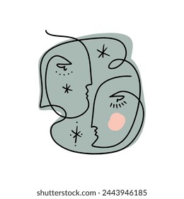 Mystical one line Valentine day minimalist abstract faces. Vector illustration. Modern contemporary face art, trendy continuous drawing. Space artistic linear portrait. Simple minimal beauty logo or