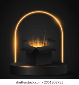 Mystical open 3D box with golden glow and magical dust standing against a luxurious podium with glowing arc. Graphic elements for Black Friday sale. Vector illustration. EPS 10.