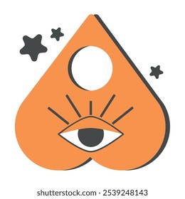 Plancheta mística del tablero de Ouija con el símbolo del ojo y las estrellas, Ilustración vectorial temática espeluznante