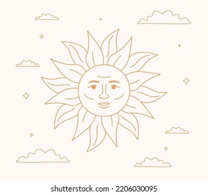 A mystical outlined sun with face. Golden celestial artwork, graphic insignia.