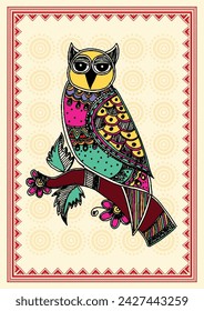 Mystical Owl: Enchanting Madhubani Painting. Avian Folk Illustration, Ethnic Home Decor, Wildlife Wall Art.