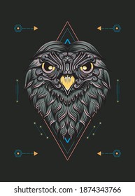 Mystical owl head in sacred geometric style. Perfect for design of t-shirts, stickers, merchandise, etc.