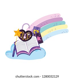 mystical padlock with heart shape and book in rainbow